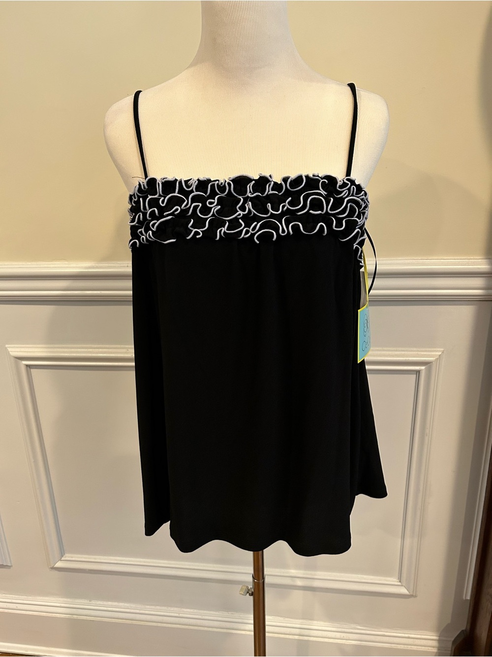 CeCe Black Camisole with White Ruffle Trim Size Large